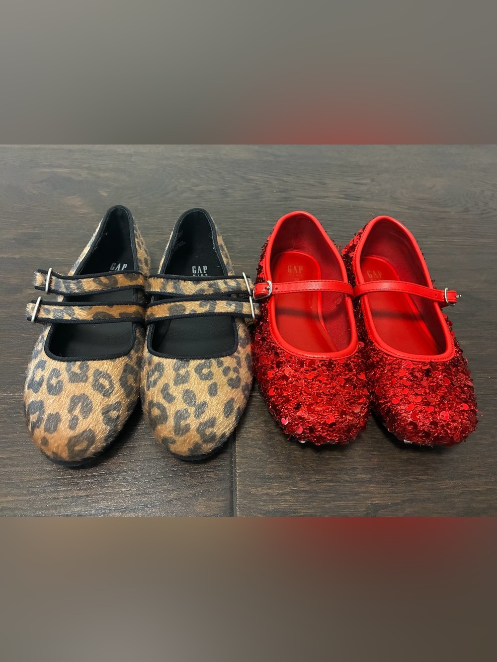 GAP Kids, Ballet Flats Bundle, 2 Pairs, Red Sequin + Faux Leopard, Girls’ Sz 12